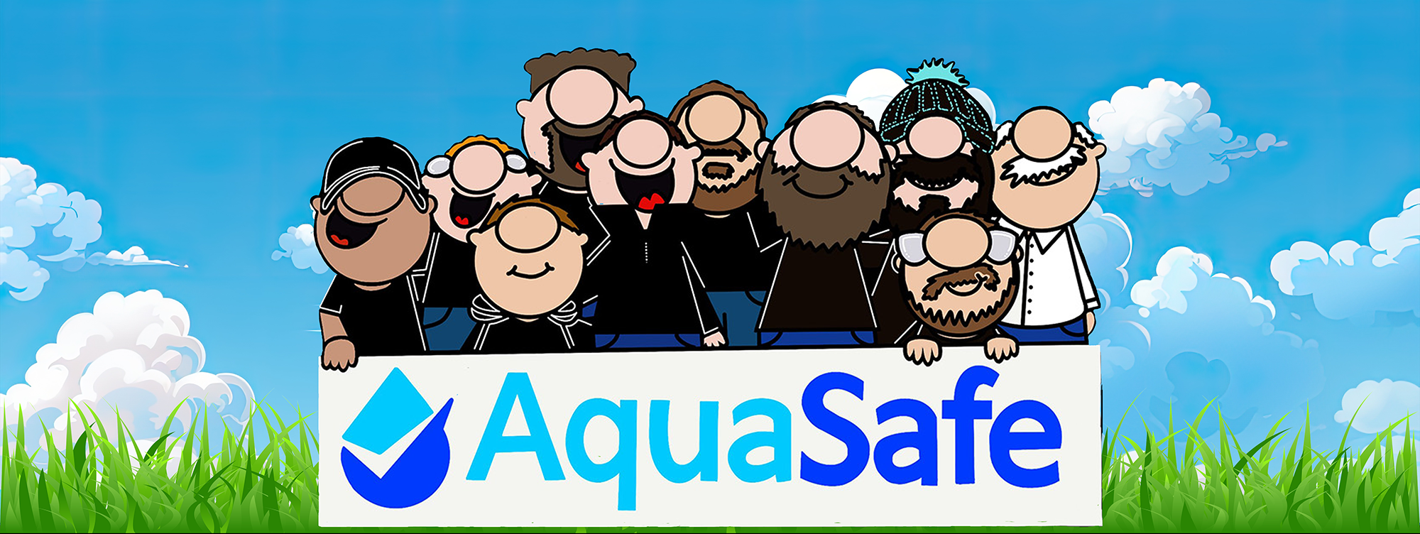 Cartoon illustration of a cheerful group of people standing together outdoors against a blue sky with clouds and green grass with Aquasafe logo.